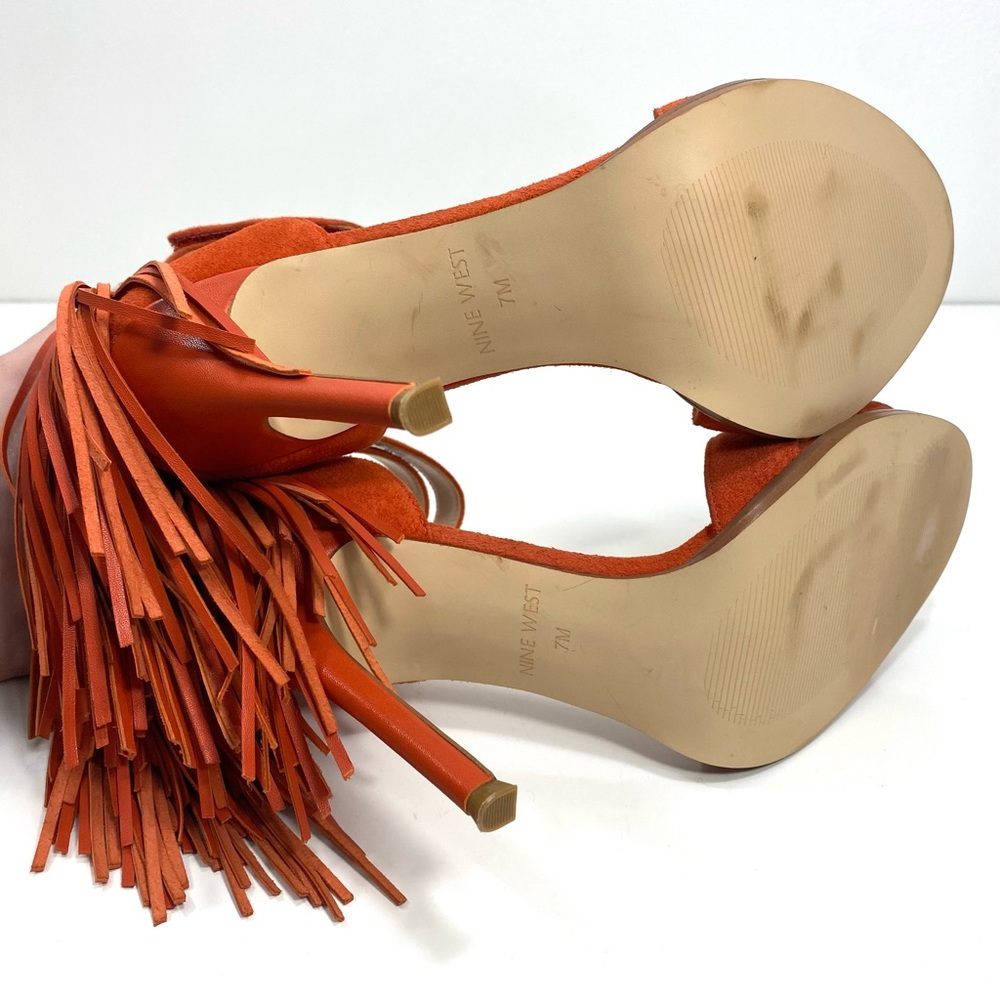 Nine West Hustle Orange Suede Leather Fringe Strappy Stilettos Heels Sandals 7 - Picture 11 of 12